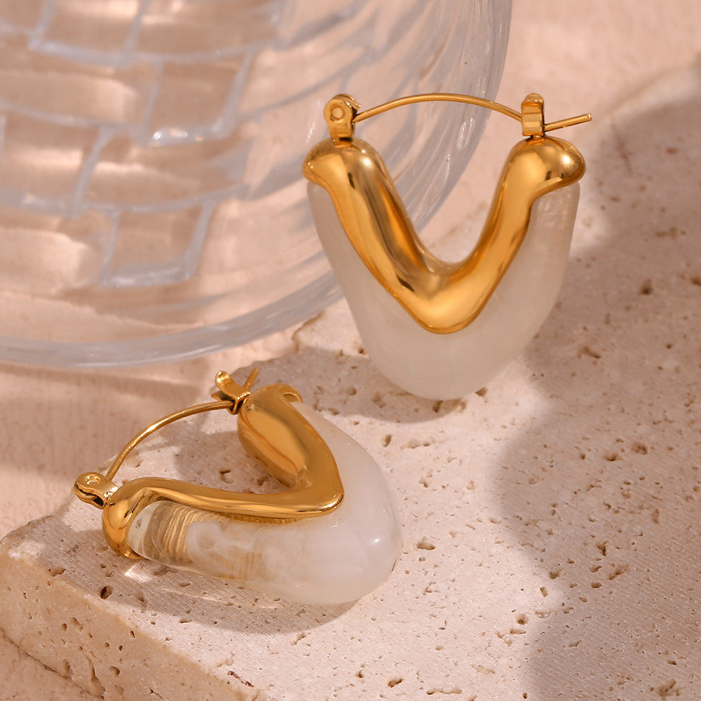 18k Gold Water Resistant Textured Acrylic Amber White Gold Stainless Steel Earrings
