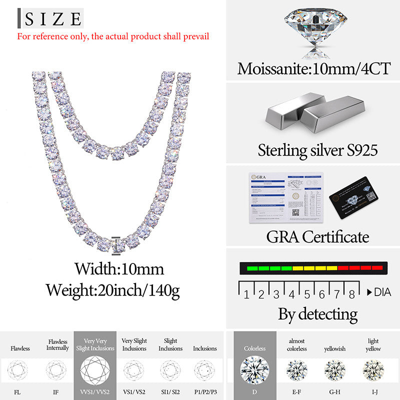 10mm Luxury | All Ice Moissanite Diamond Solid Sterling Silver Tennis Chain Necklace