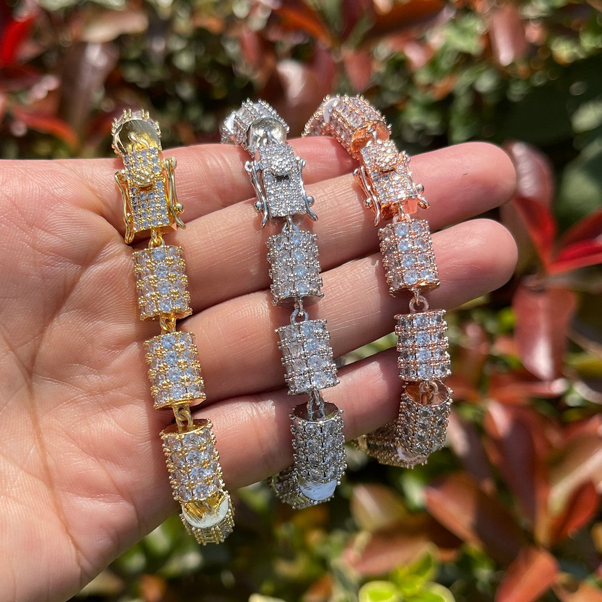 10mm 24k Gold Silver Rose Gold Cylinder Cut AAA Micro Pave Hip Hop Chain Bracelet