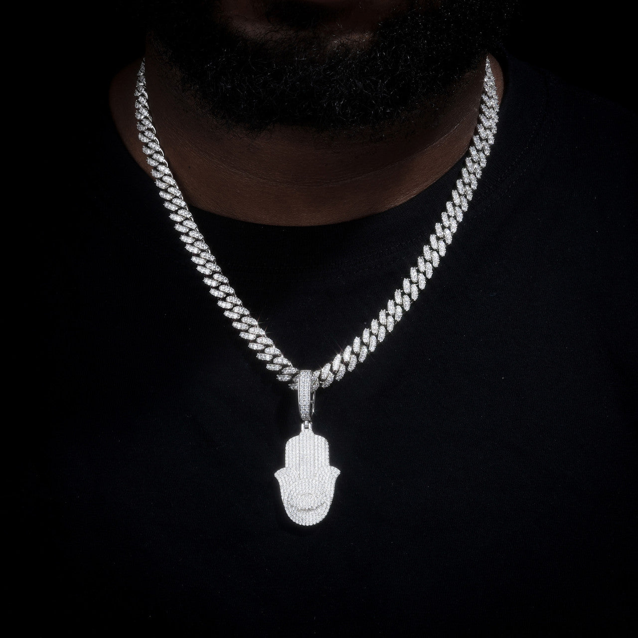 Eye Of Fatima | Solid Sterling Silver Moissanite Diamond Hamsa Hand Iced Blinged Out Pendant