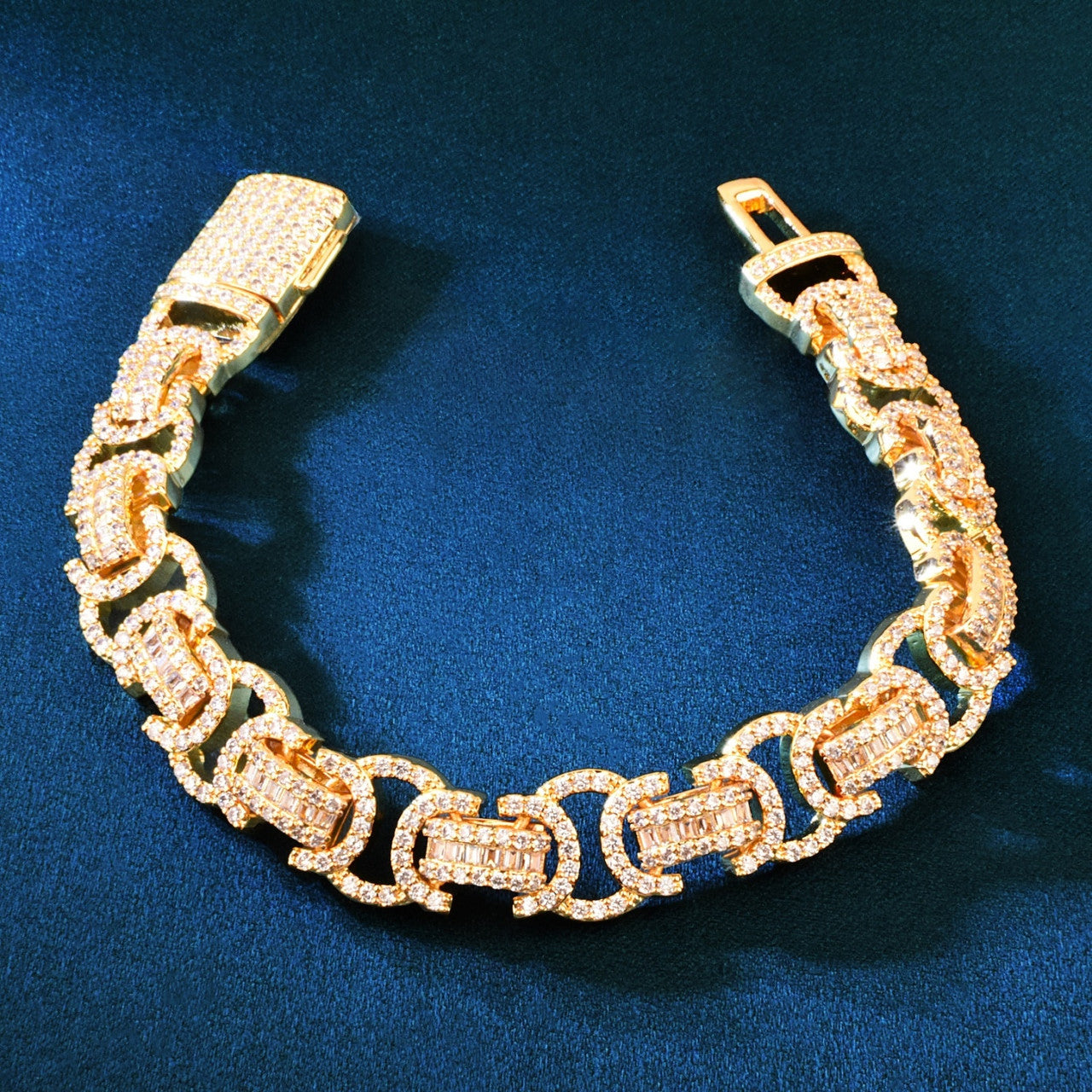 Mens Baguette Iced Byzantine Link Hip Hop Chain Bracelets