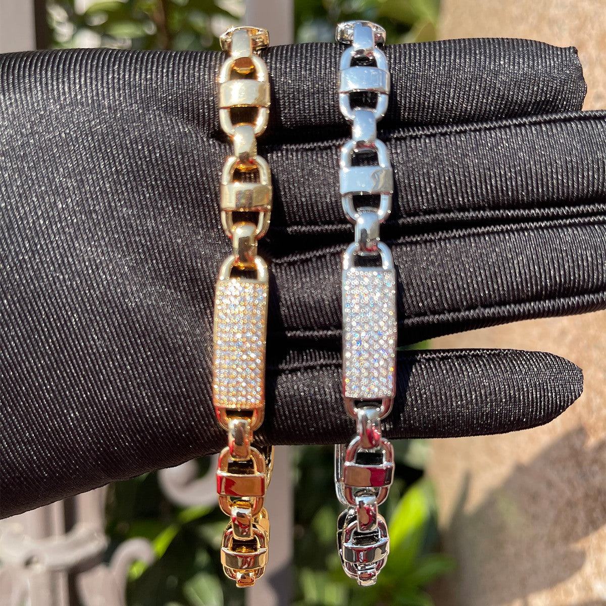 Mens 8mm Square Cluster Stone Swag Lock 24k 925 Silver Hip Hop Bracelet