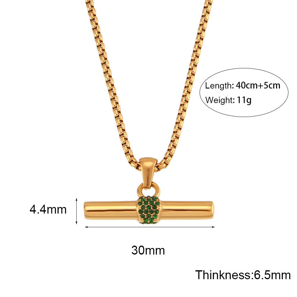Stainless Steel Green CZ T Bar Pendant Square Pearl 18k Gold Hip Hop Chain Necklace
