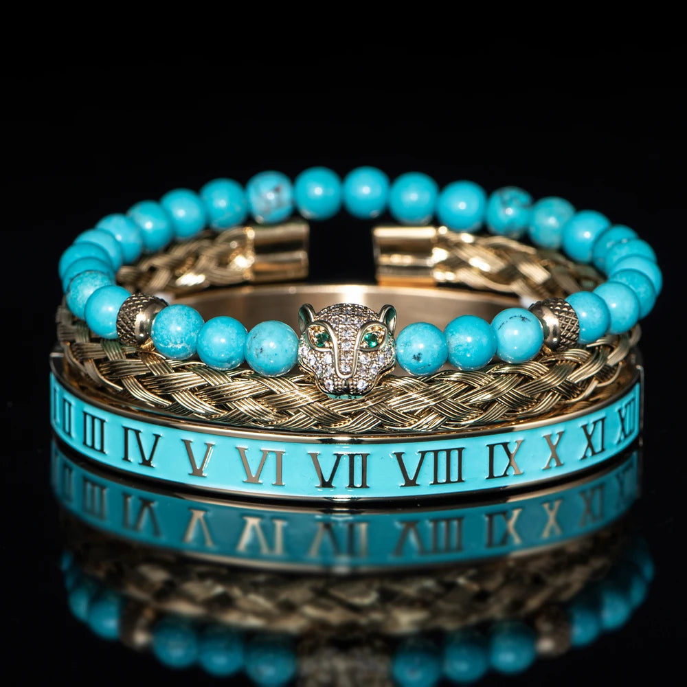 Turquoise Stone | VVS Diamond CZ Roman Numeral Leopard Head Luxury Bracelet