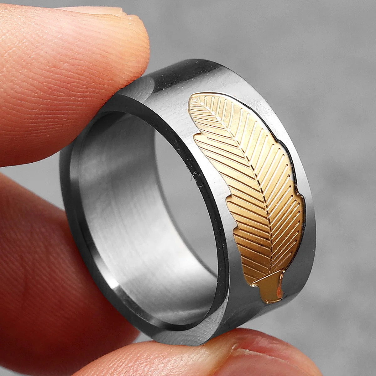 Fossil Leaf | 316L Solid Stainless Steel Gold Accented Luxury Designer Mens Rings