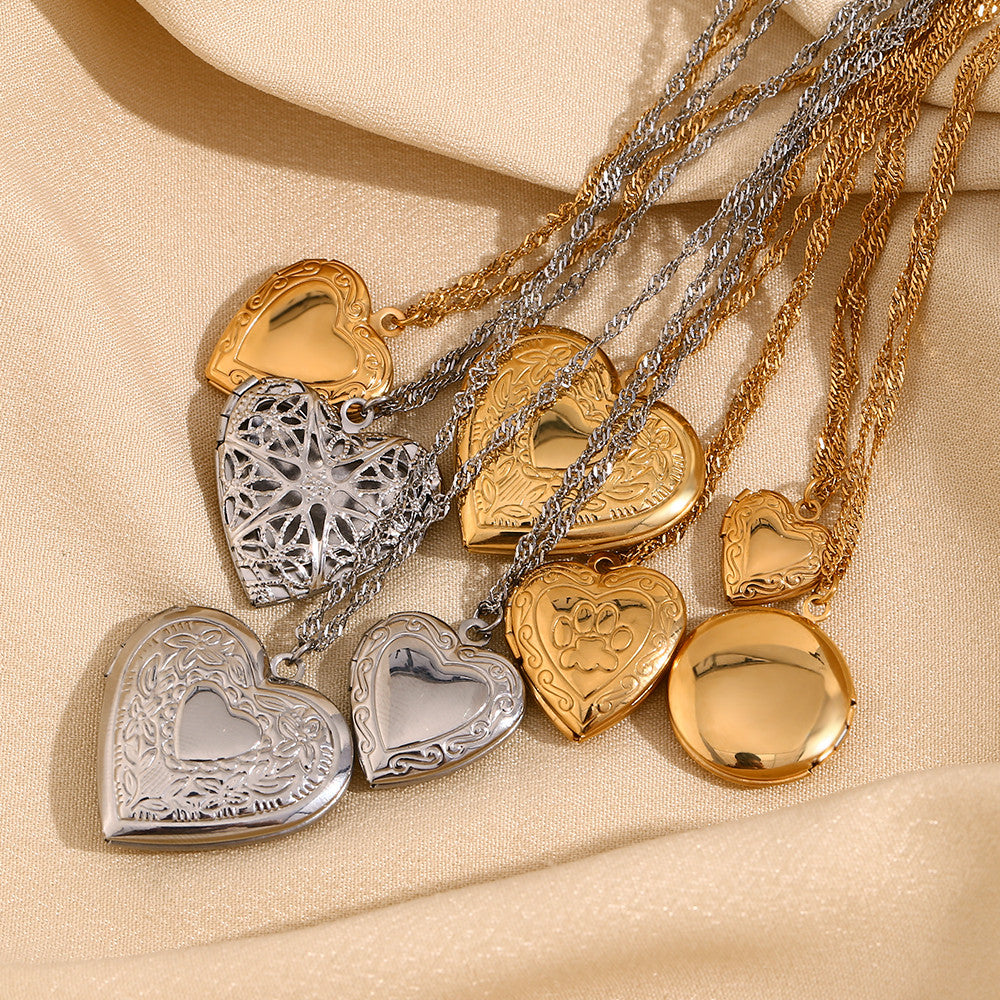 Ladies 18k Gold Waterproof Stainless Steel Flower Pattern Hollow Heart Photo Box Necklace