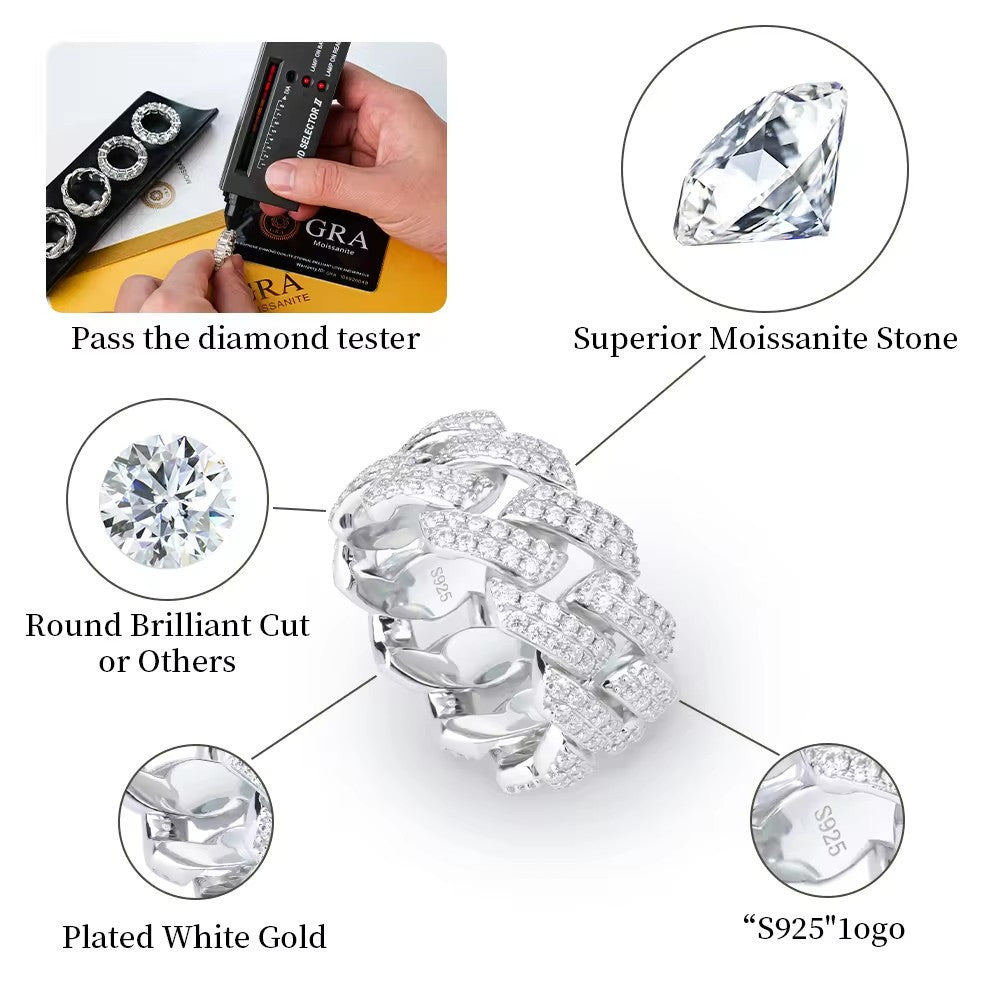 Ring of Ice | Cuban Link Moissanite Diamond 925 Solid Sterling Silver Hip Hop Rings