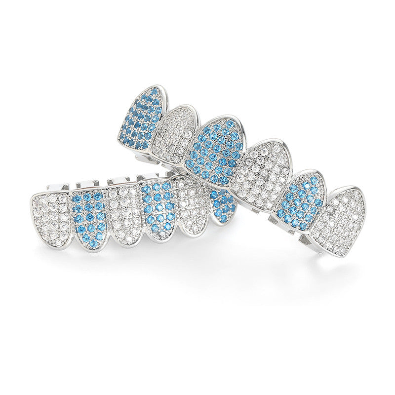 Blue Ice | VVS Diamond CZ Hip Hop Paved Iced Blinged Out Top Bottom Teeth Grillz Set