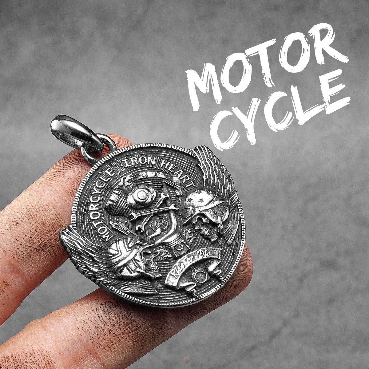 Ride Or Die | Vintage Look Motorcycle Iron Heart Skull Rider Stainless Steel Men Pendant