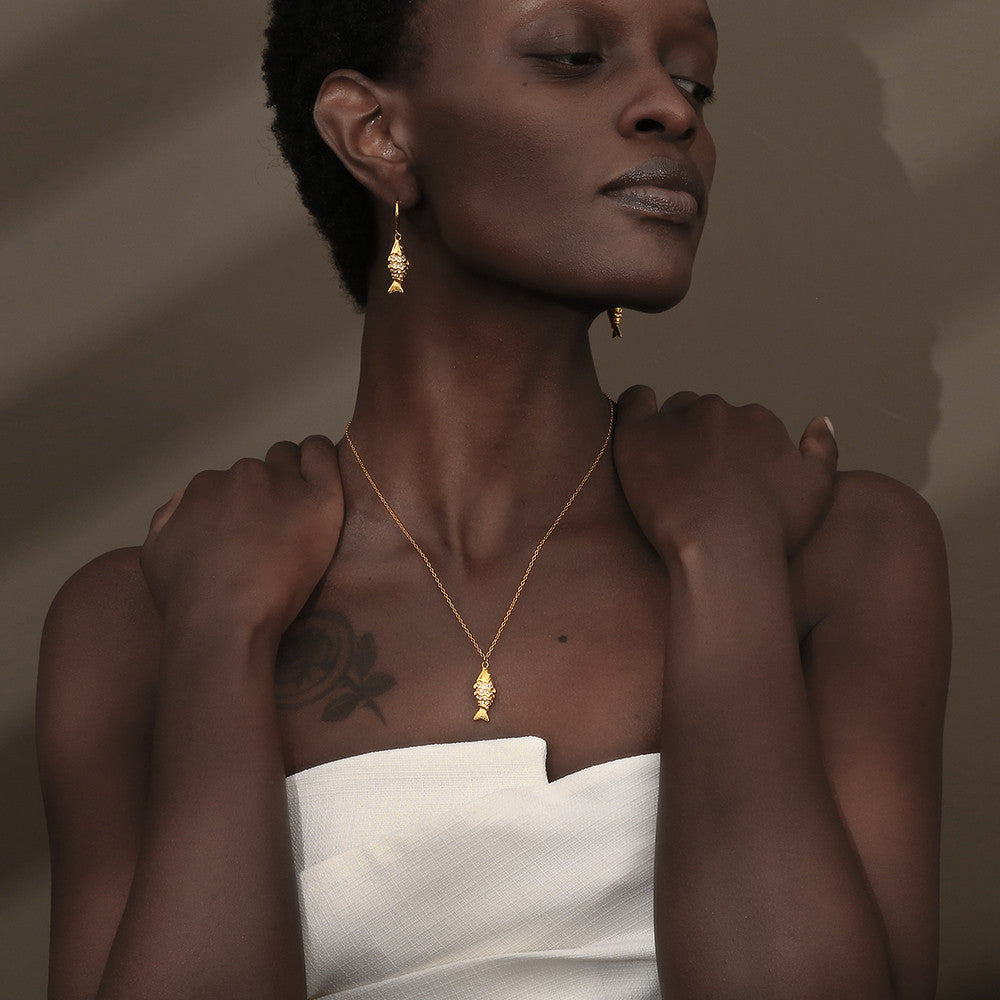 18k Gold Stainless Steel Rhinestone Koi Fish Waterproof Necklace Earring Jewelry Set