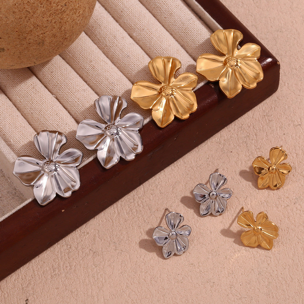 18k Gold No Tarnish Stainless Steel Five Petal Flower Large and Small Earrings