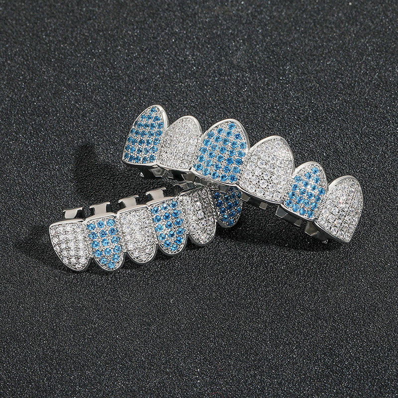 Blue Ice | VVS Diamond CZ Hip Hop Paved Iced Blinged Out Top Bottom Teeth Grillz Set