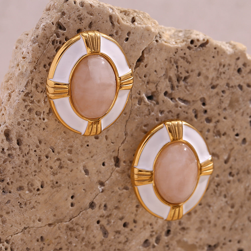 Ladies 18k Gold Waterproof Stainless Steel Oval Cross Natural Stone Earrings