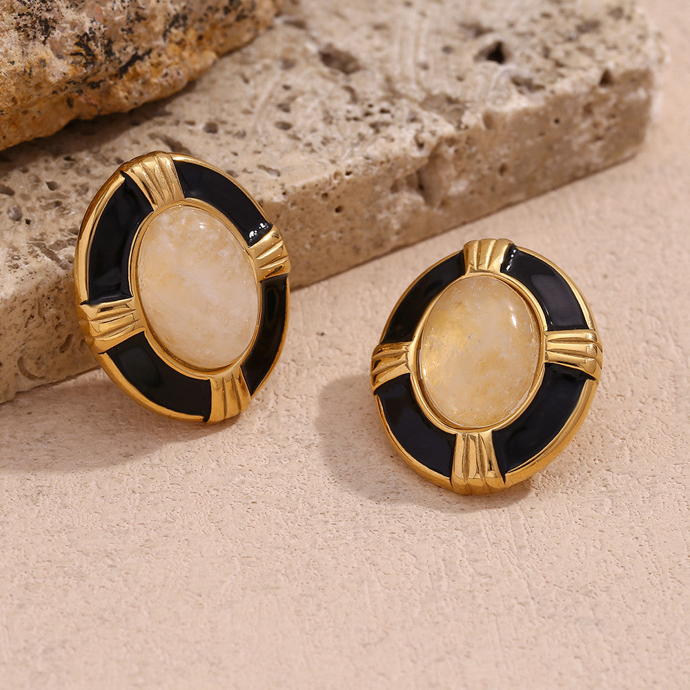 Ladies 18k Gold Waterproof Stainless Steel Oval Cross Natural Stone Earrings