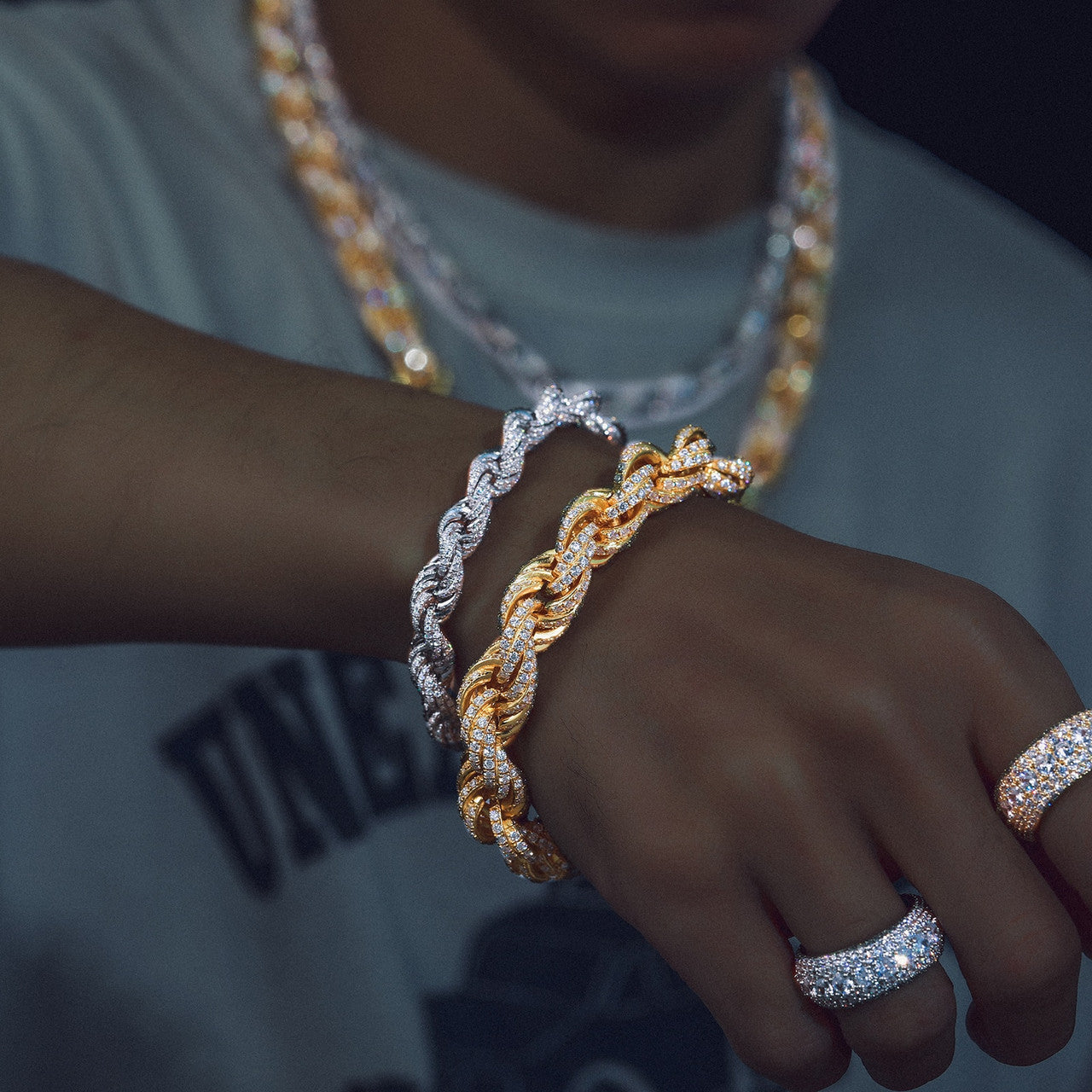 Mens Genuine VVS Diamond 8mm/12mm Iced Blinged Out Rope Link Sterling Silver Chain Bracelet