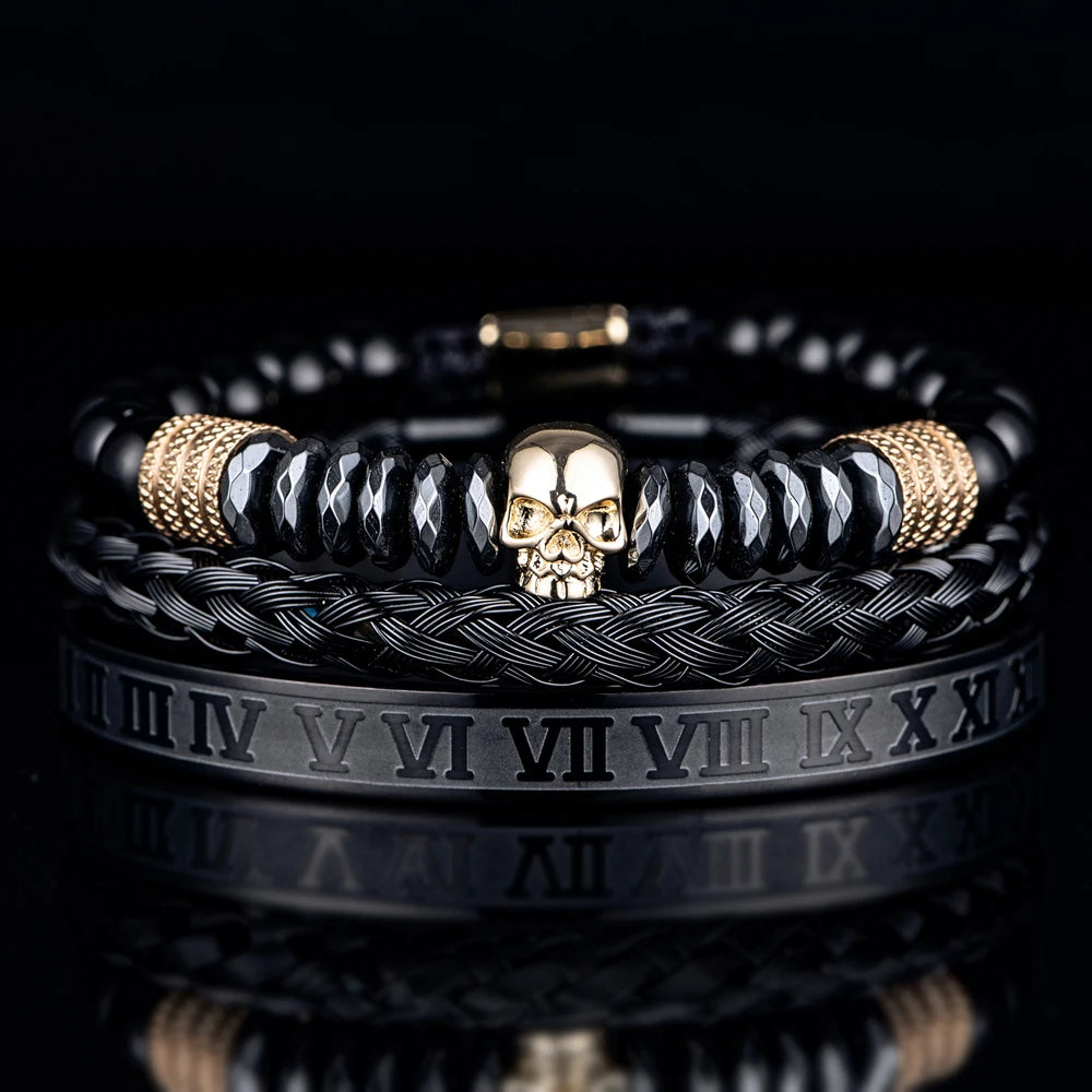 Men's Luxury Hematite Hand Made Bead 3 Piece Skull Head Hip Hop Luxury Bracelet Sets