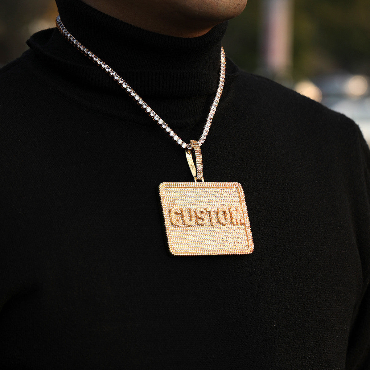 24k Yellow 14k White Gold 5A Stone Custom Made Name Plate Hip Hop Pendant Chain