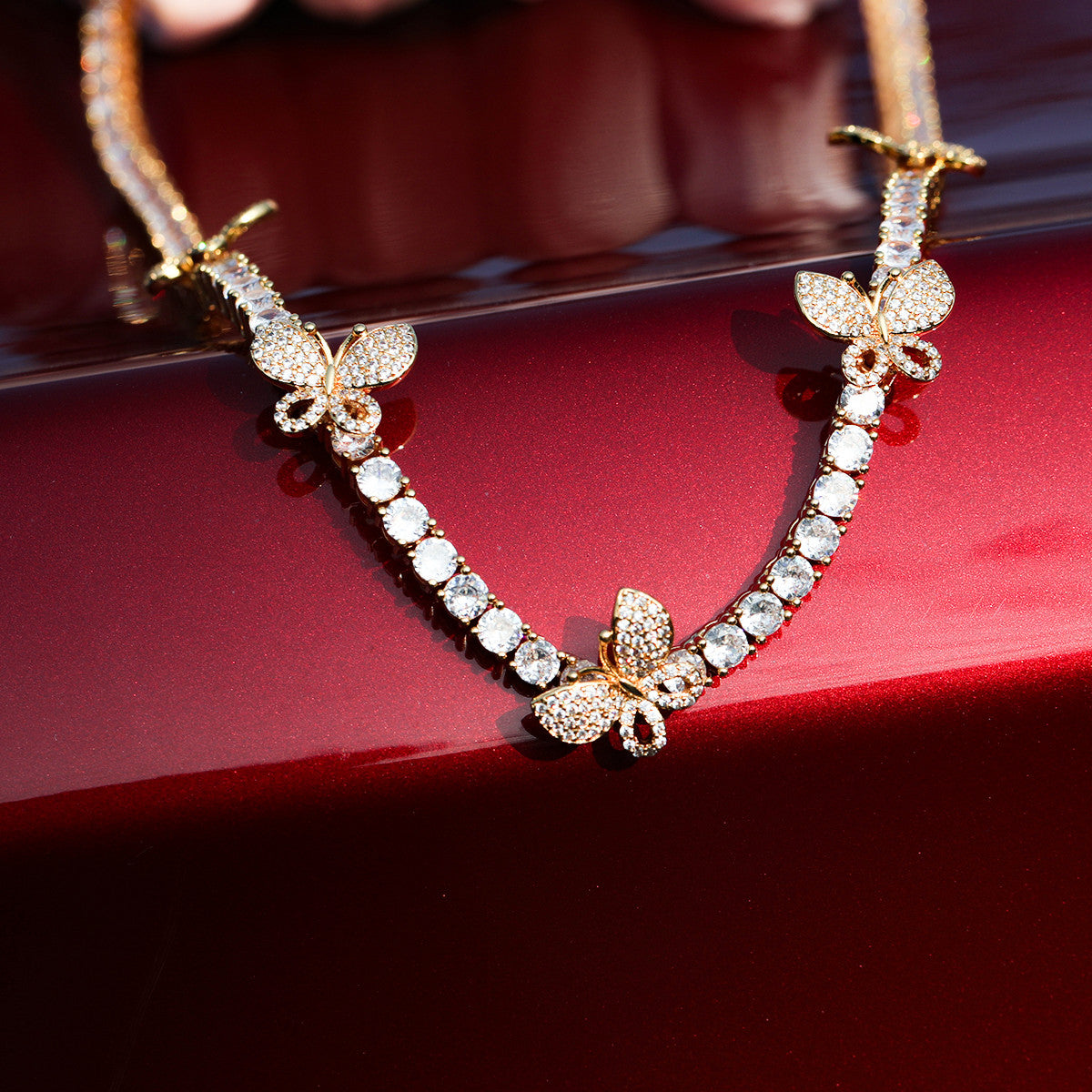 Ladies Hip Hop Fashion 5A Stone 24k Gold 925 Silver Butterfly Chain Necklace