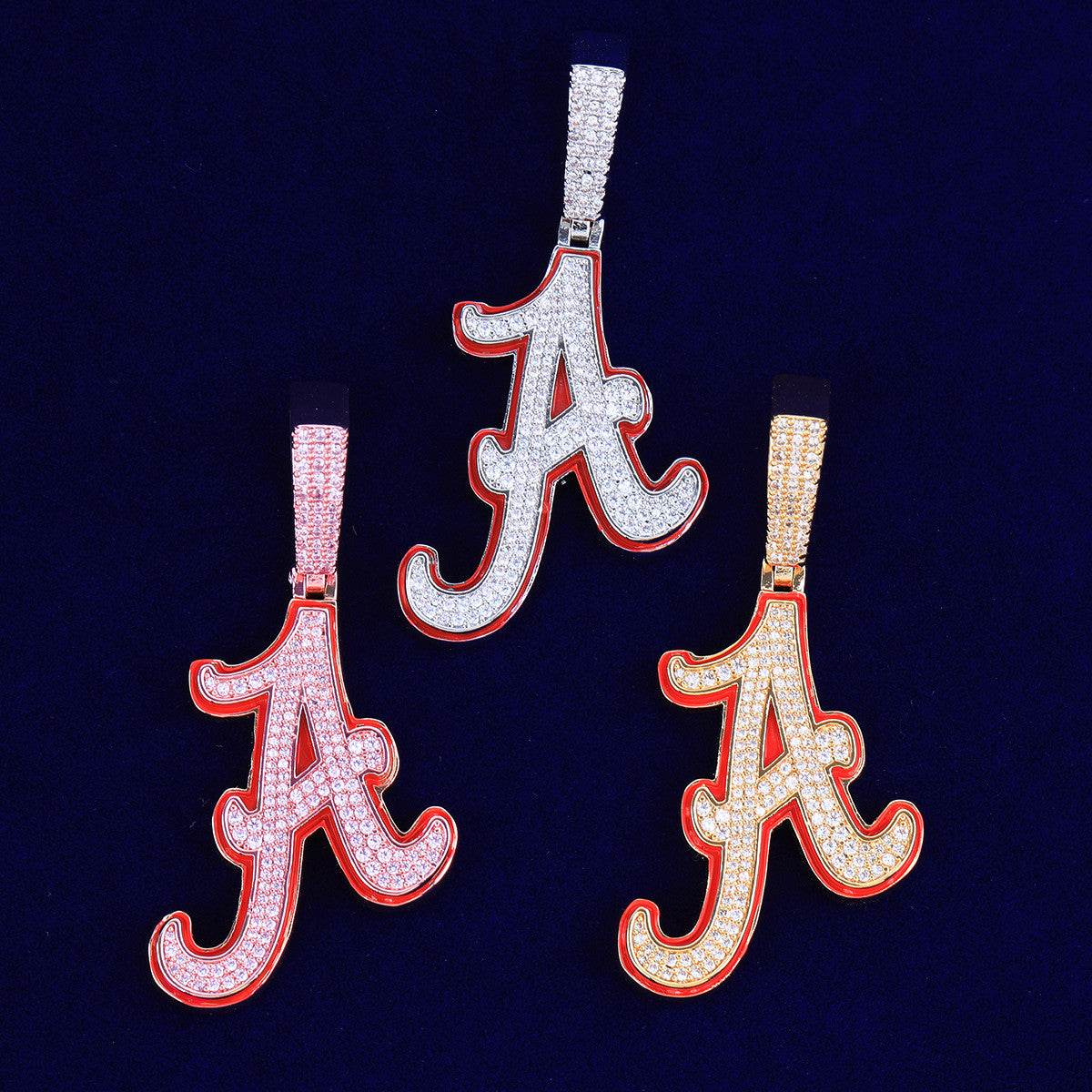 Initial A | Red Oil VVS Diamond CZ Hip Hop Cursive A Prong Set Stone Pendant