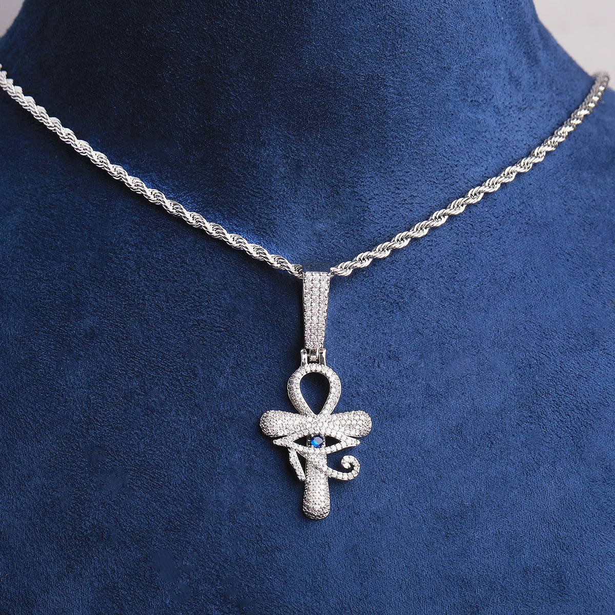 Radiant Ankh | Blue Stone VVS Diamond CZ Ankh Cross Eye Of Horus Hip Hop Pendant