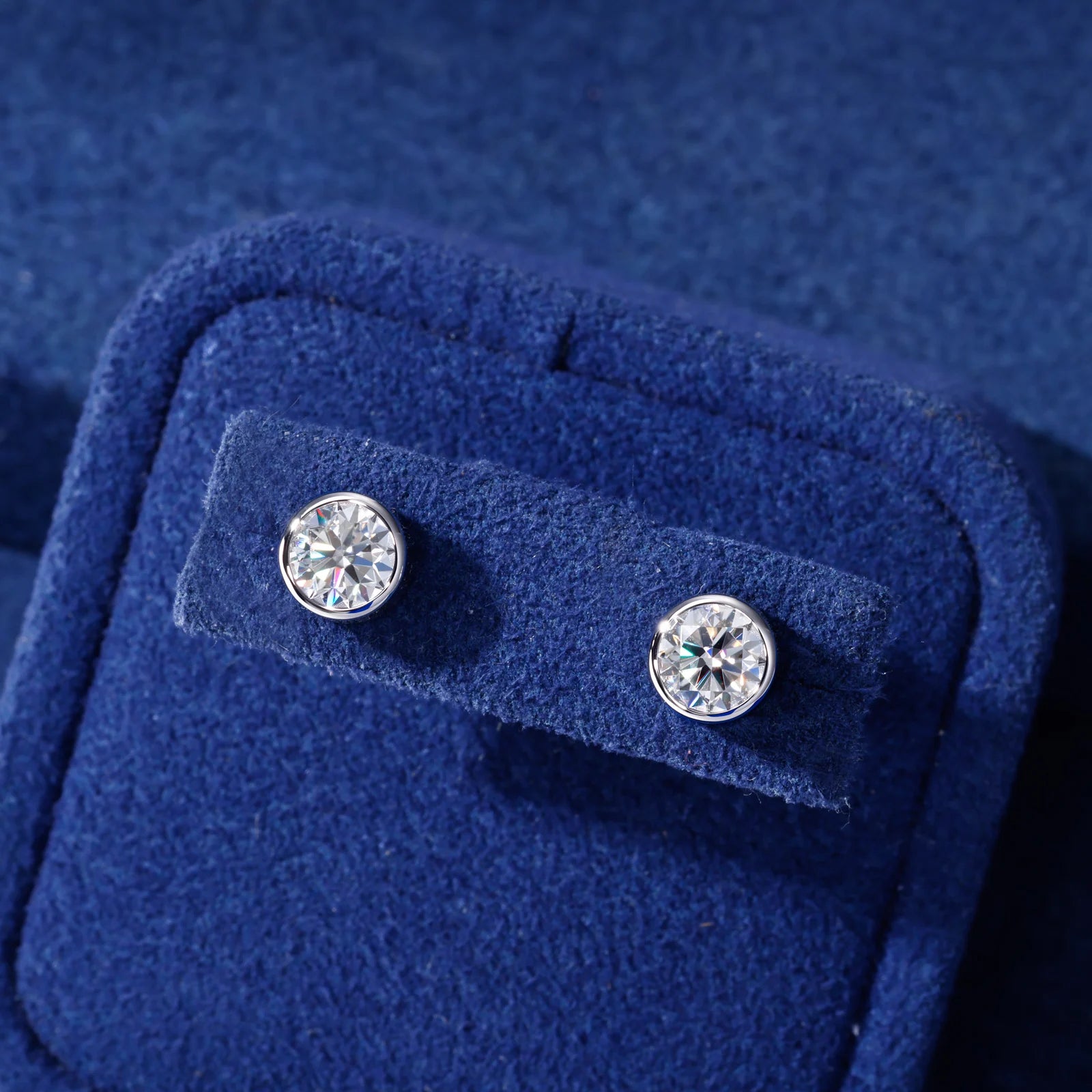 The Bezel | Round Moissanite Diamond Stud Bezel Set Solid 925 Screw Back Earrings