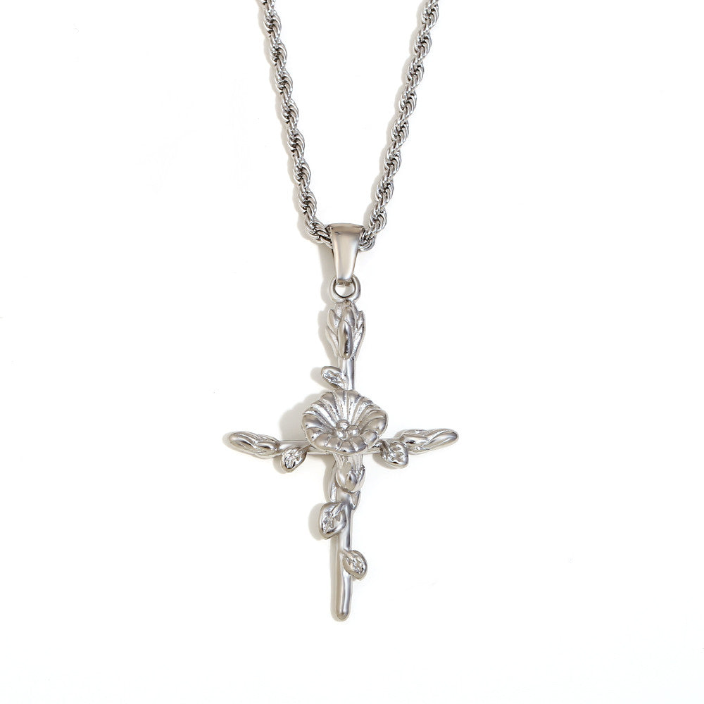 Women's 18k Gold Waterproof Designer Birth Month Flower Cross Tarnish Free Necklace