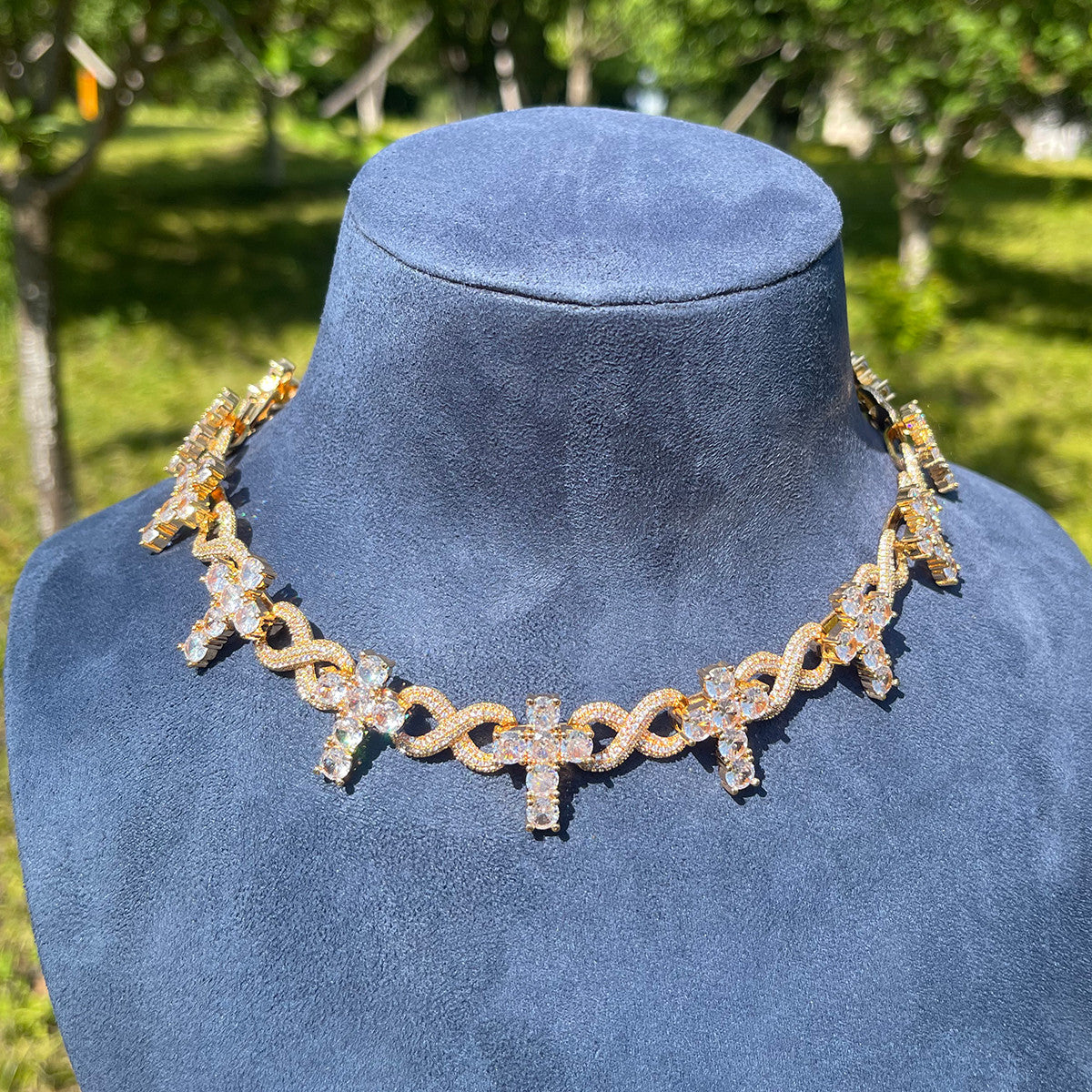 24k Gold Silver Rose Gold Designer Infinity Cross Prong Set Stone Chain Necklace