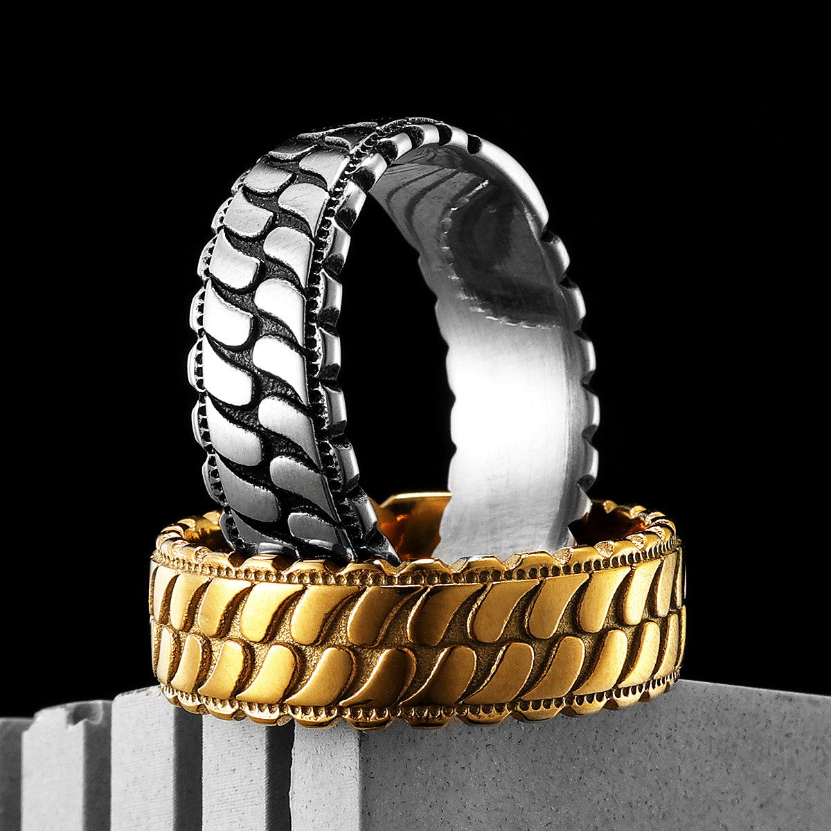 Tires | Men's 14k Gold Over Solid No Fade Stainless Steel Tire Tread Hip Hop Unique Rings