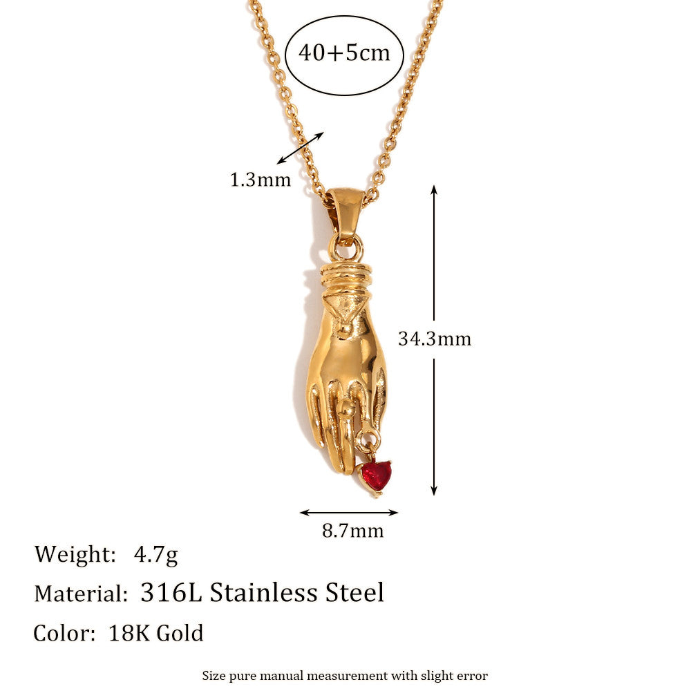 Ladies 18k Gold Stainless Steel Hand Red CZ Stone Heart Waterproof Tarnish Free Pendant Necklace