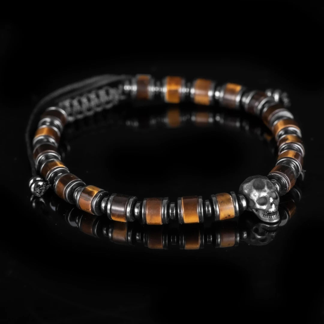 Secret Society II | Men's Natural Stone Beaded No Fade Stainless Steel Skull Bracelet