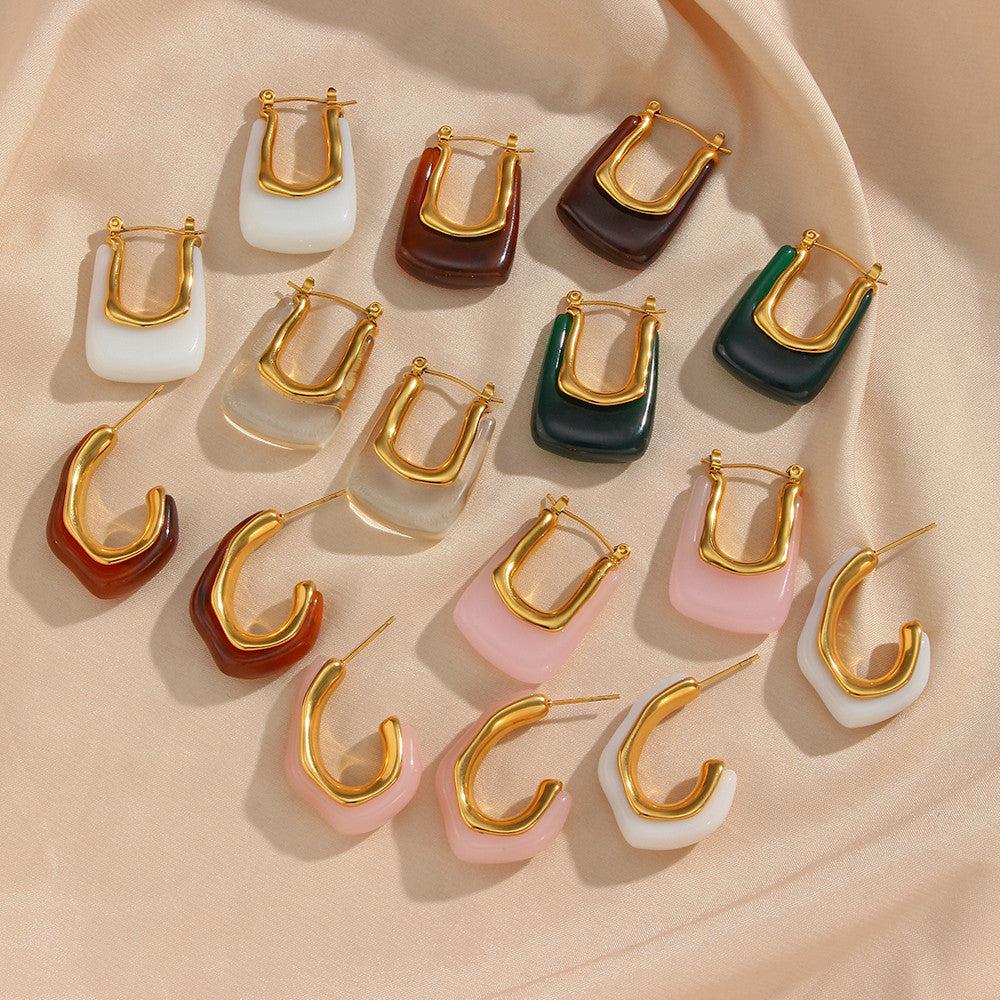 18k Gold Stainless Steel Tarnish Free Resin Crystal Hoop Earrings