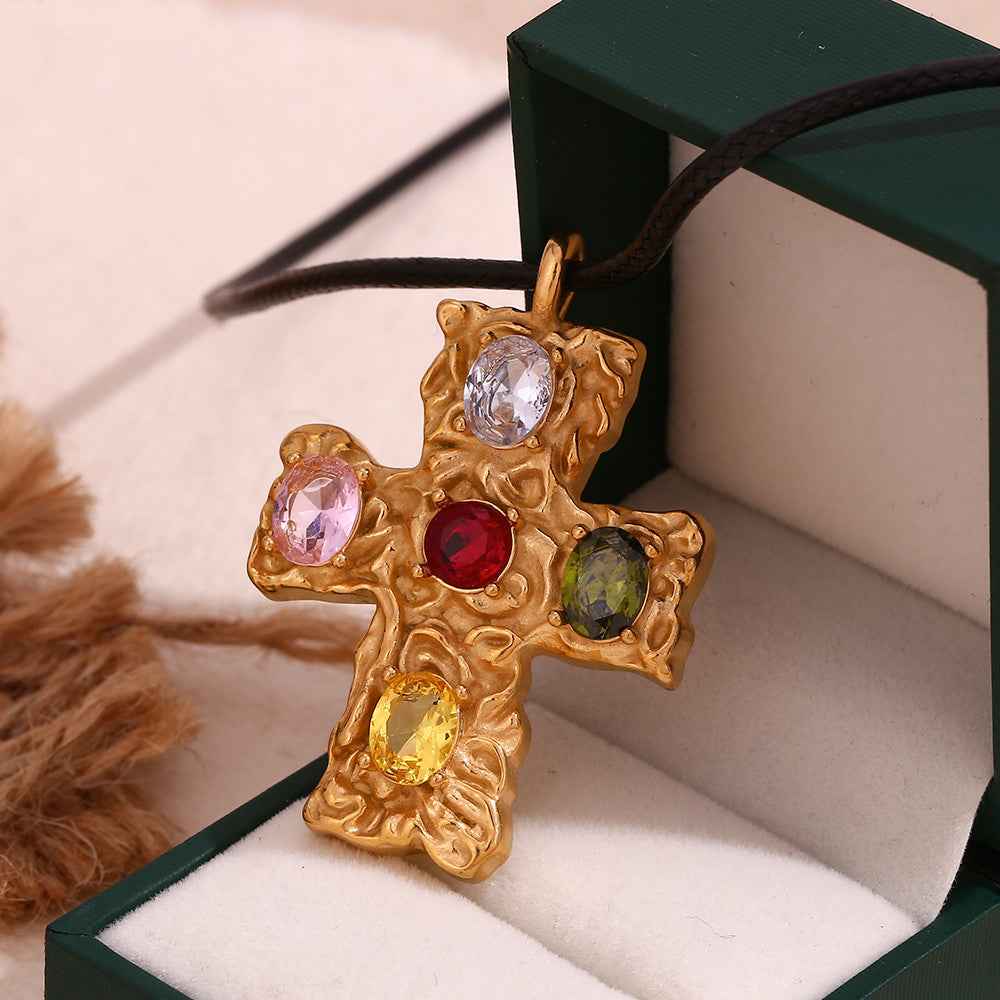 Designer Pattern Colorful Gemstone CZ 18k Gold Stainless Steel Cross Pendant Necklace