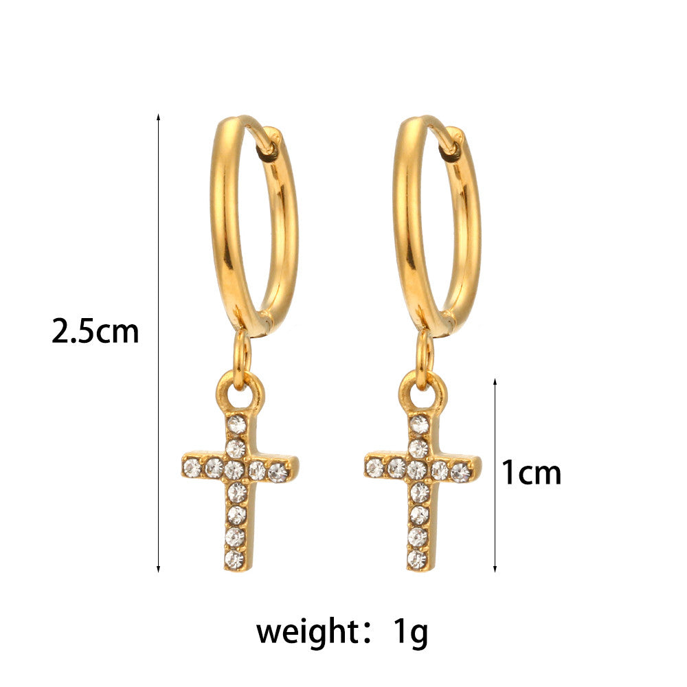 18k Gold Stainless Steel Waterproof Bling CZ Charm Cross Heart Butterfly Star Earrings