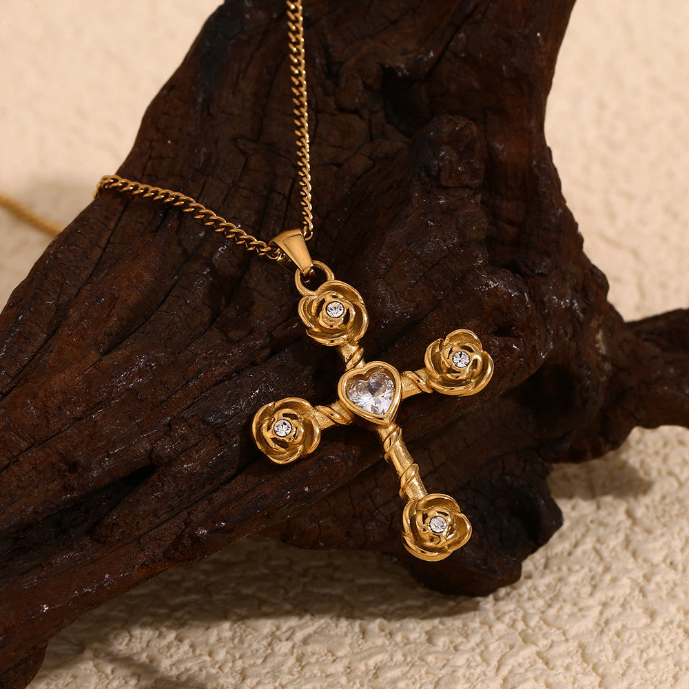 18k Gold Stainless Steel White CZ Rose Cross Necklace Earring Flower Jewelry Set