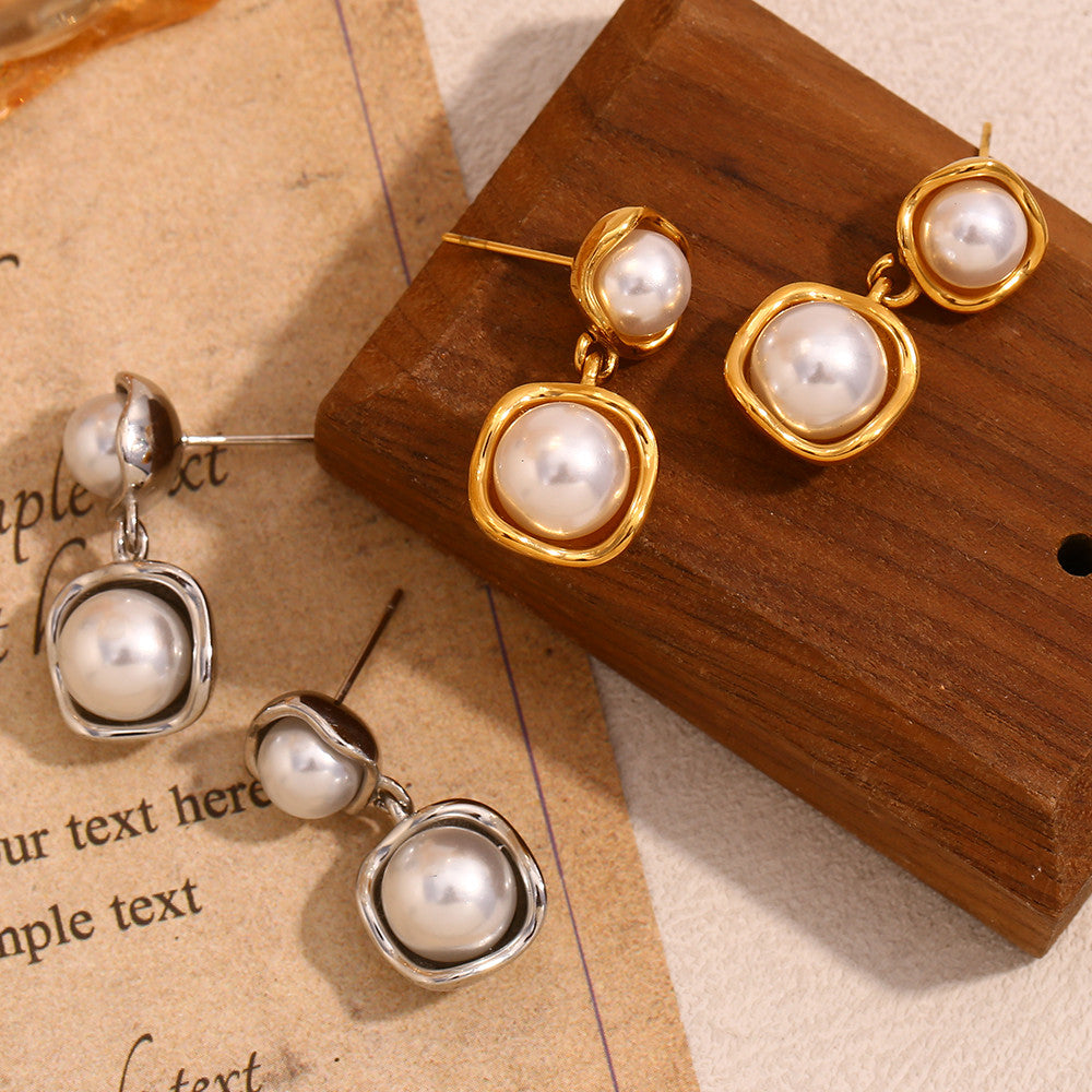 Ladies 18k Gold Round Pearl Stud Stainless Steel Waterproof Earrings