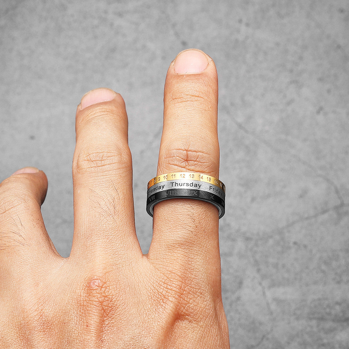 Calendar | Month Date Year 14k Gold Black Over Solid Stainless Steel Rotating Men's Rings