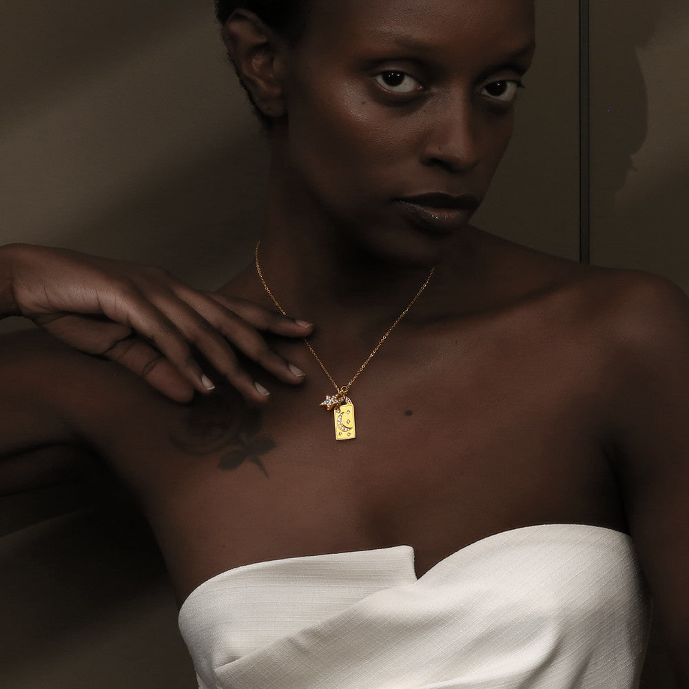 18K Gold Waterproof Stainless Steel Square CZ Moon Star Bling Tarnish Free Pendant