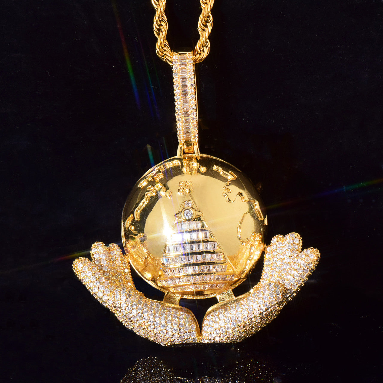 My World | Iced Blinged Out Baguette The World In My Hands Pyramid Illumination Pendant