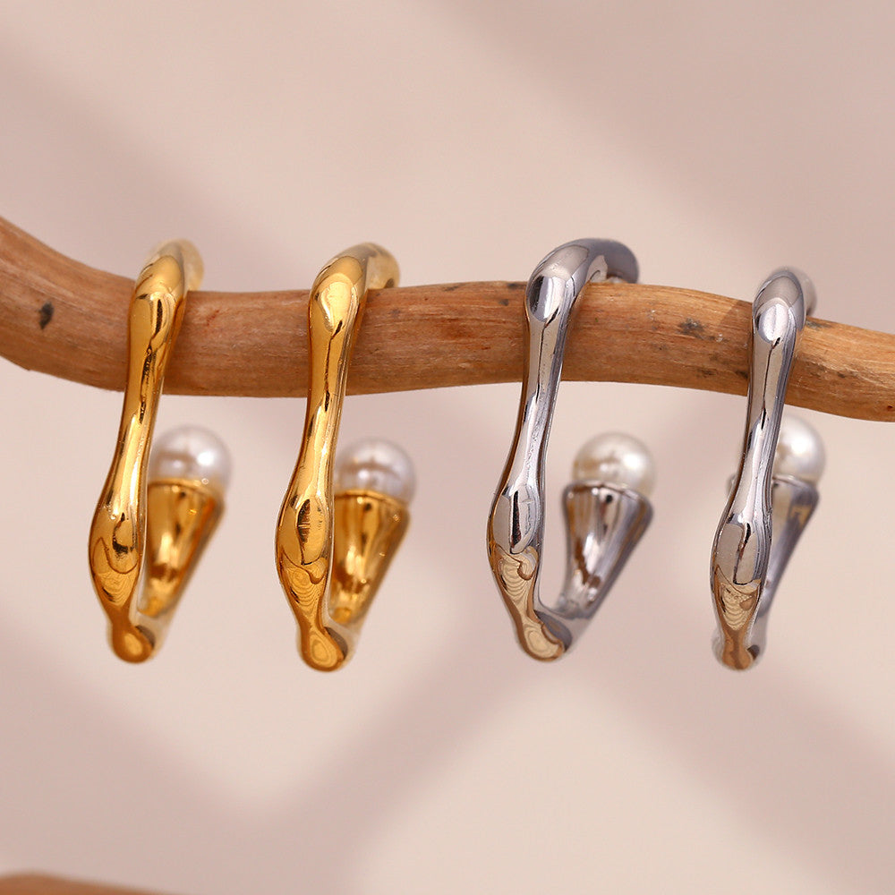 Ladies 18k Gold Silver No Fade Stainless Steel Smooth C-shaped Pearl Earrings