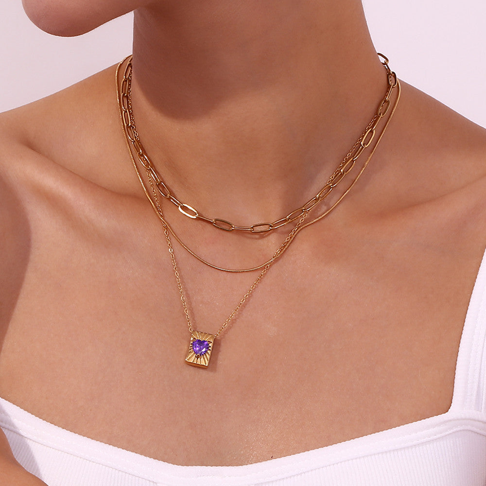 Ladies 18k Gold Waterproof Heart CZ Radiant Rectangular Card Pendant Necklace