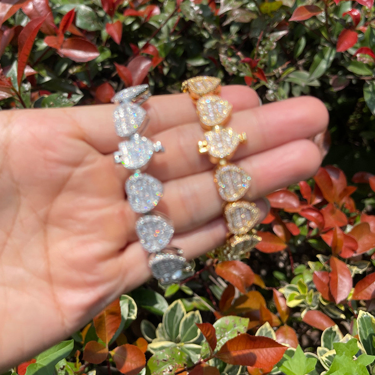 IceCold Heart | Ladies Crushed Ice Baguette 24k Silver Rose Gold Heart Tennis Bracelet