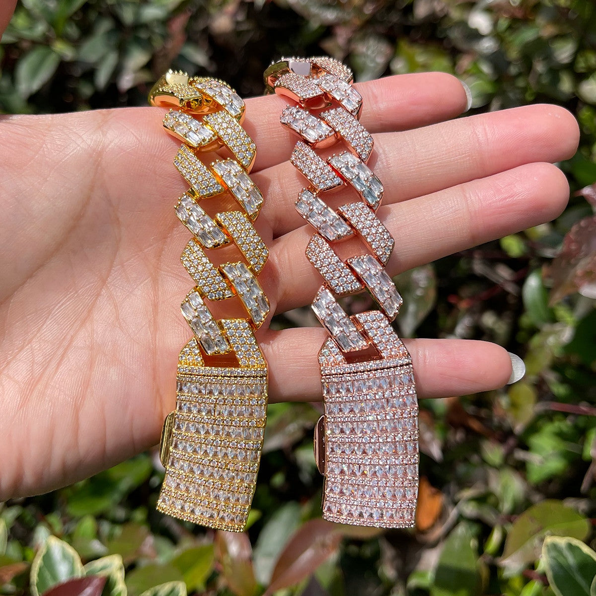 Mens Half Baguette Half Pave Flooded Ice Cuban Link Hip Hop Bracelets