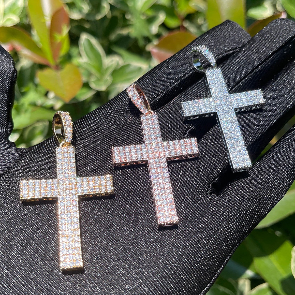 Mens 3 Row Prongs Set Block Cross Hip Hop Chain Pendant