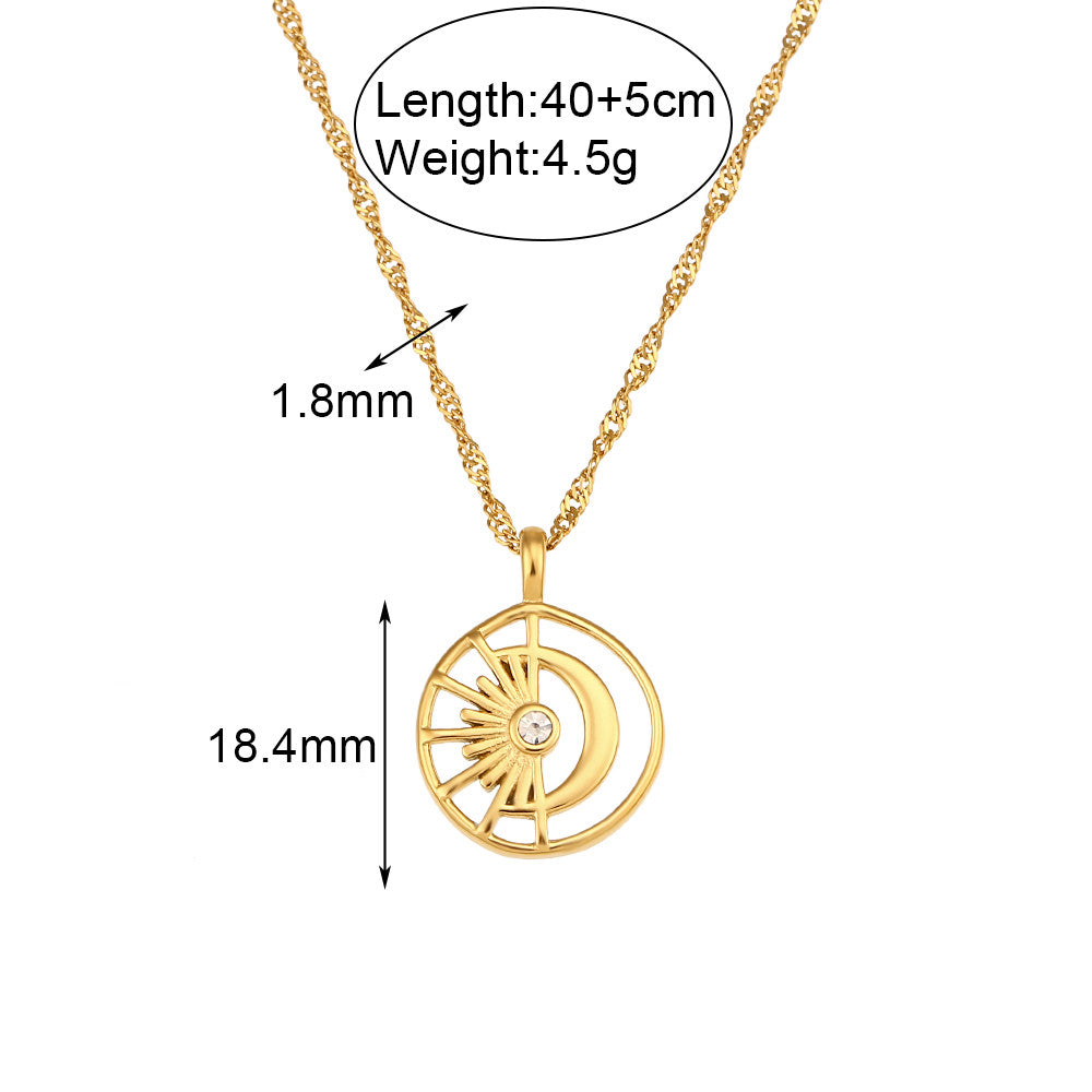 Waterproof Crystal Filled Hollow Crescent Moon Sun 18k Gold Stainless Steel Pendant