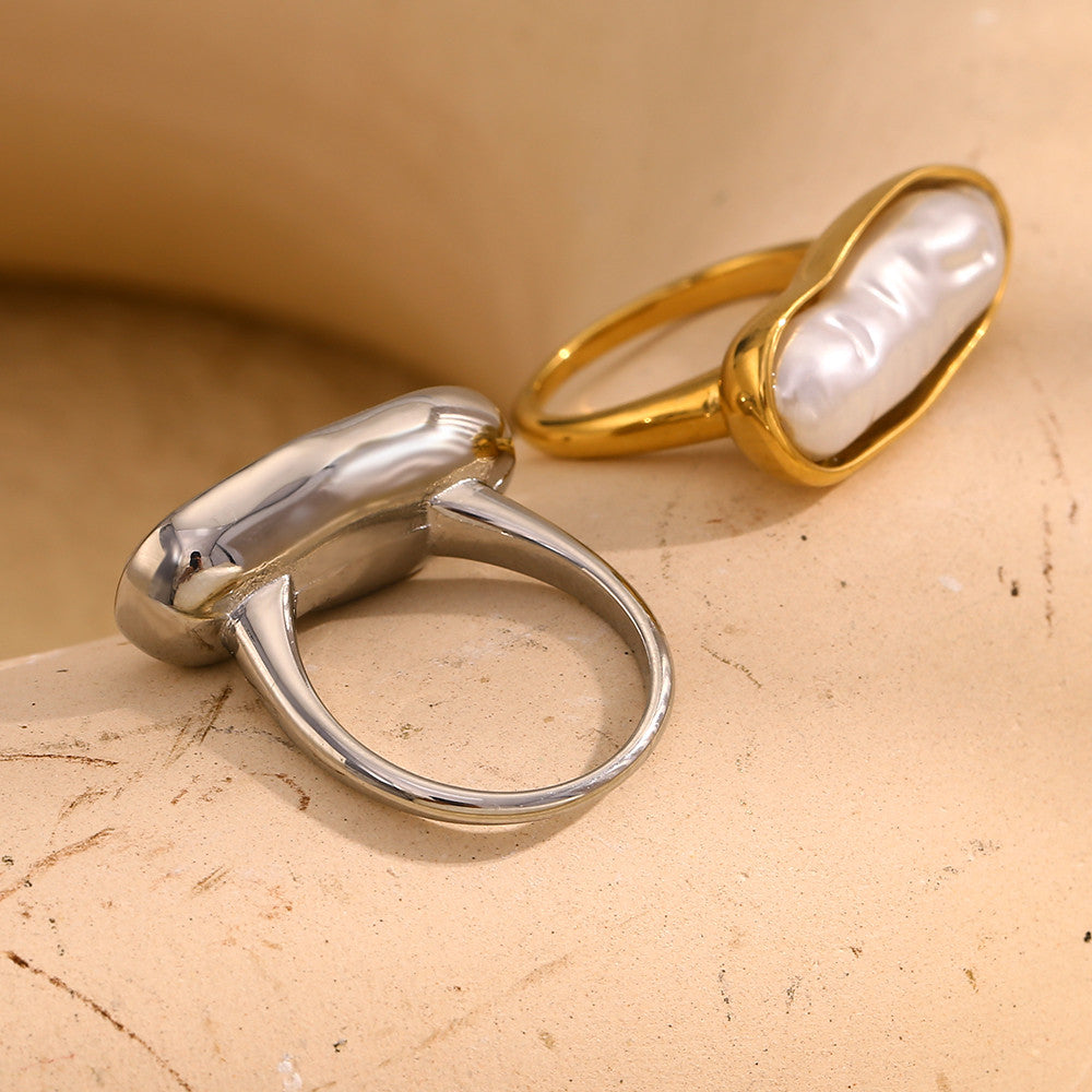 18k Gold Over No Fade Solid Stainless Steel Long Strip Freshwater Pearl Rings