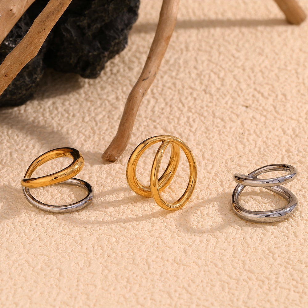 18k Gold Waterproof Stainless Steel Overlapping Double Color Stackable Rings