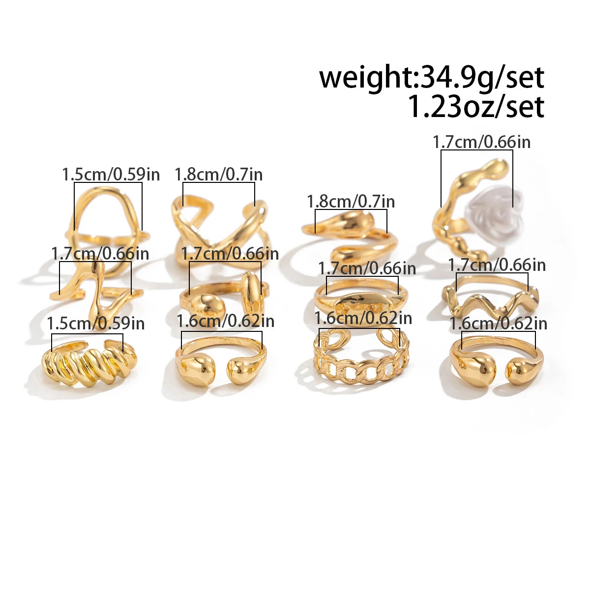 Ladies High Fashion Gold 12 Piece Tear Drop Vintage Ring Set