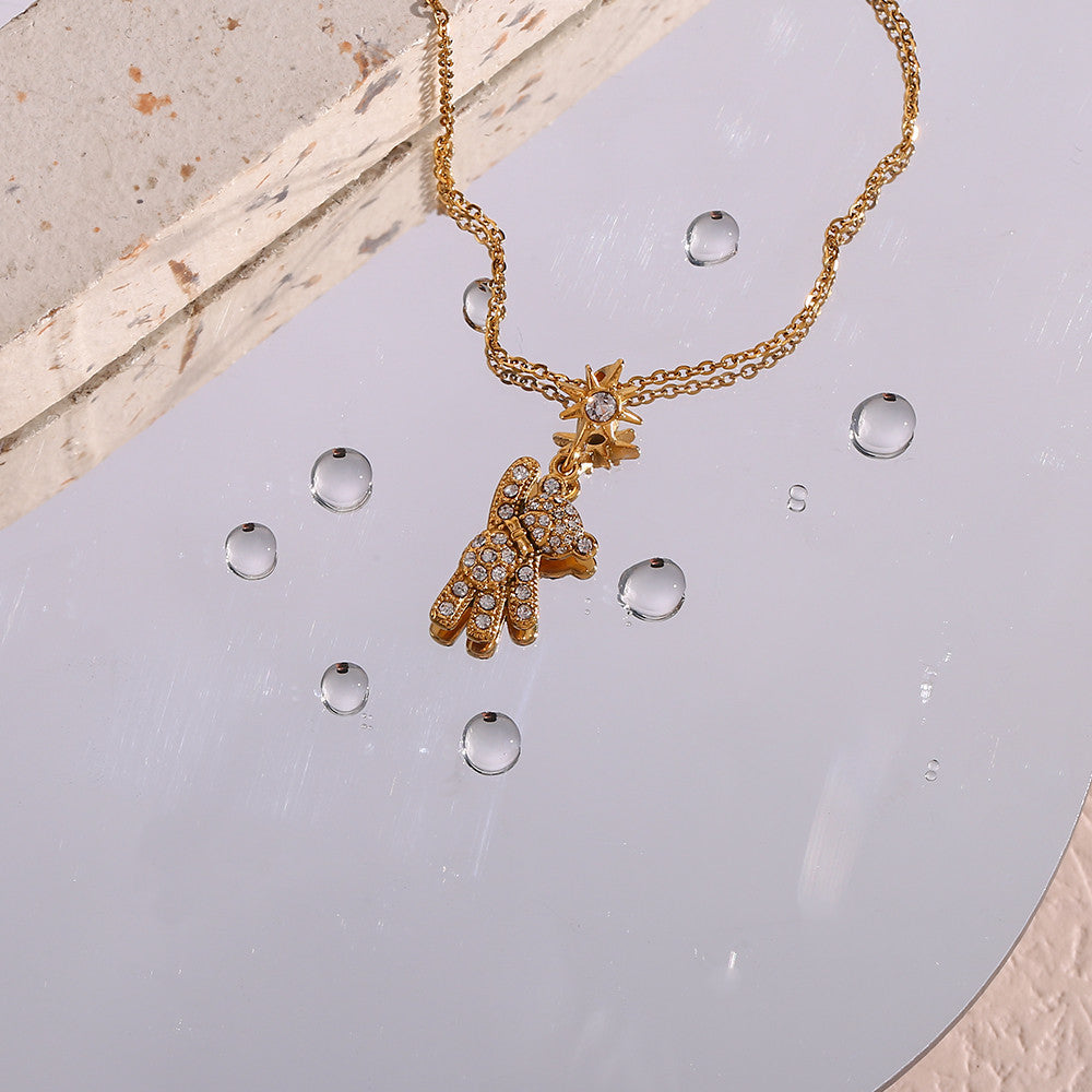 Ladies 18k Gold Rhinestone Teddy Bear Stainless Steel Waterproof Pendant Necklace