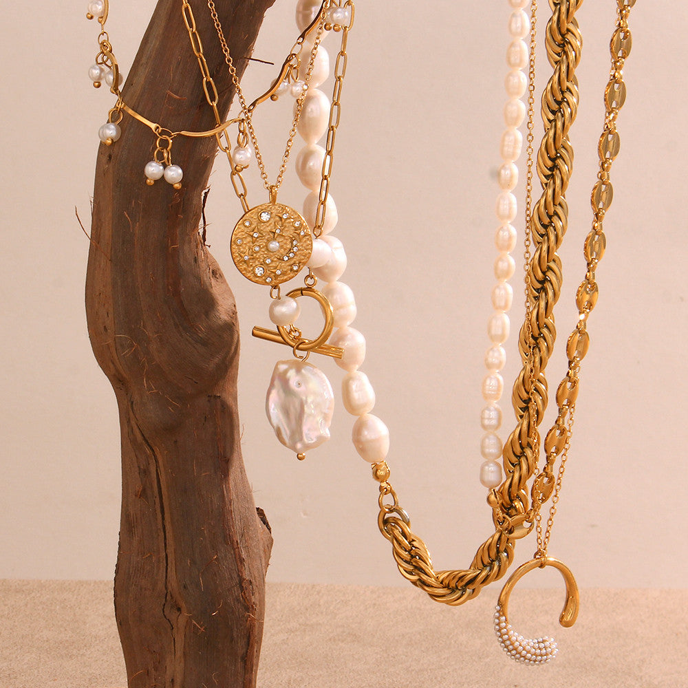 Women's 18k Gold Stainless Steel Waterproof Imitation Pearl Irregular Series Necklace