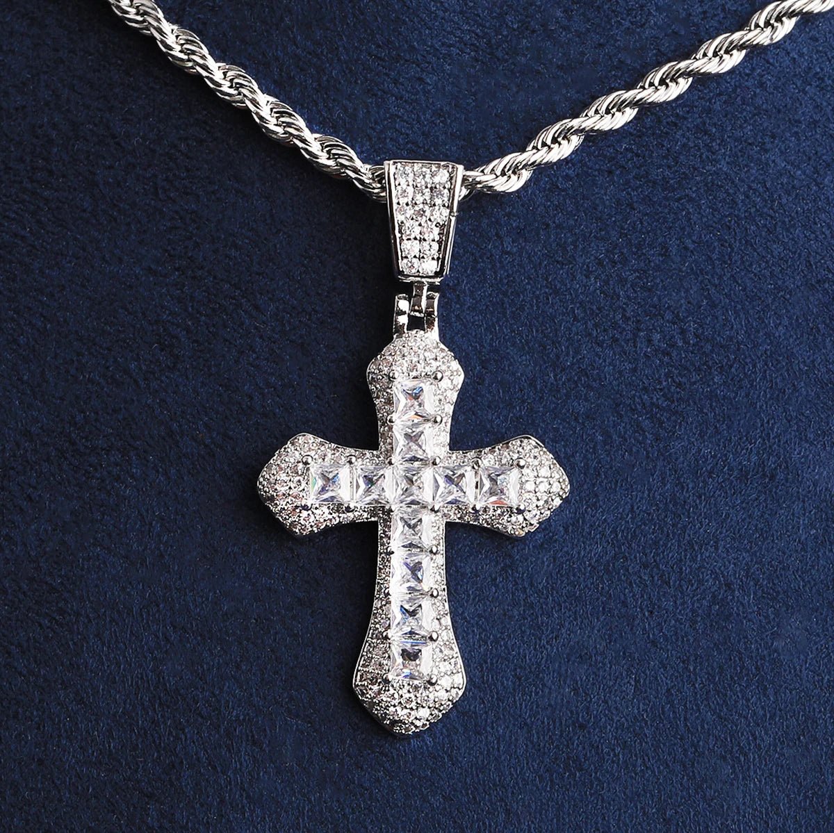 Fossil Cross | Iced Blinged Out Prong Set Princess Cut Stone Hip Hop Cross Pendant